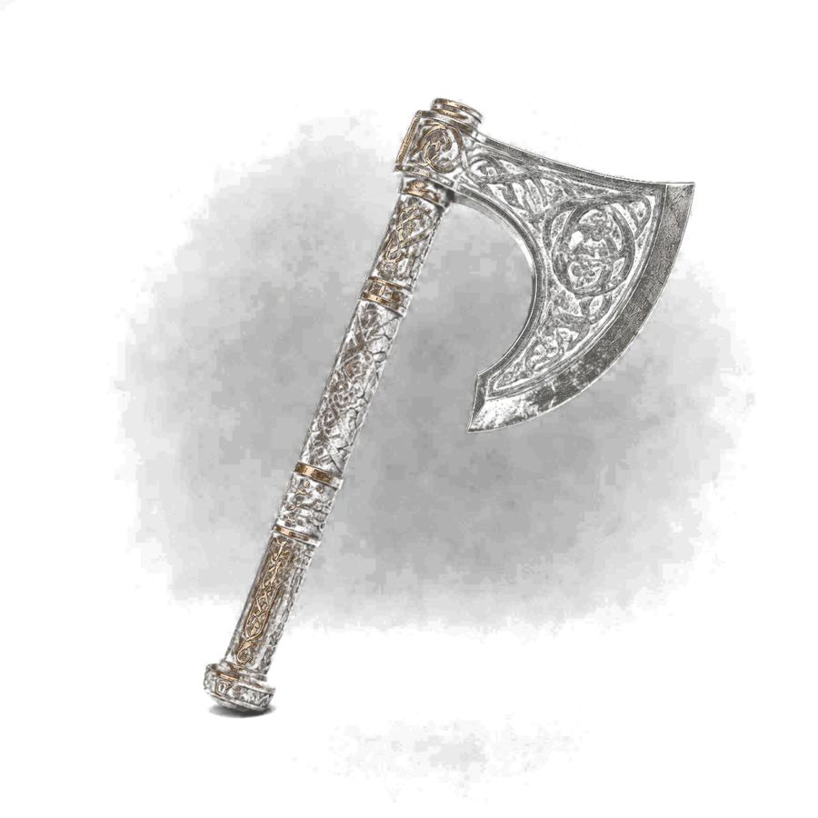 Ritual axe from Viking Ritual Relics, carved steel head on a bronze-banded haft