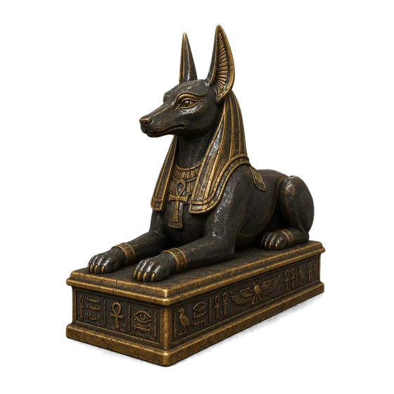 Reclining Anubis statue on a hieroglyph-carved plinth