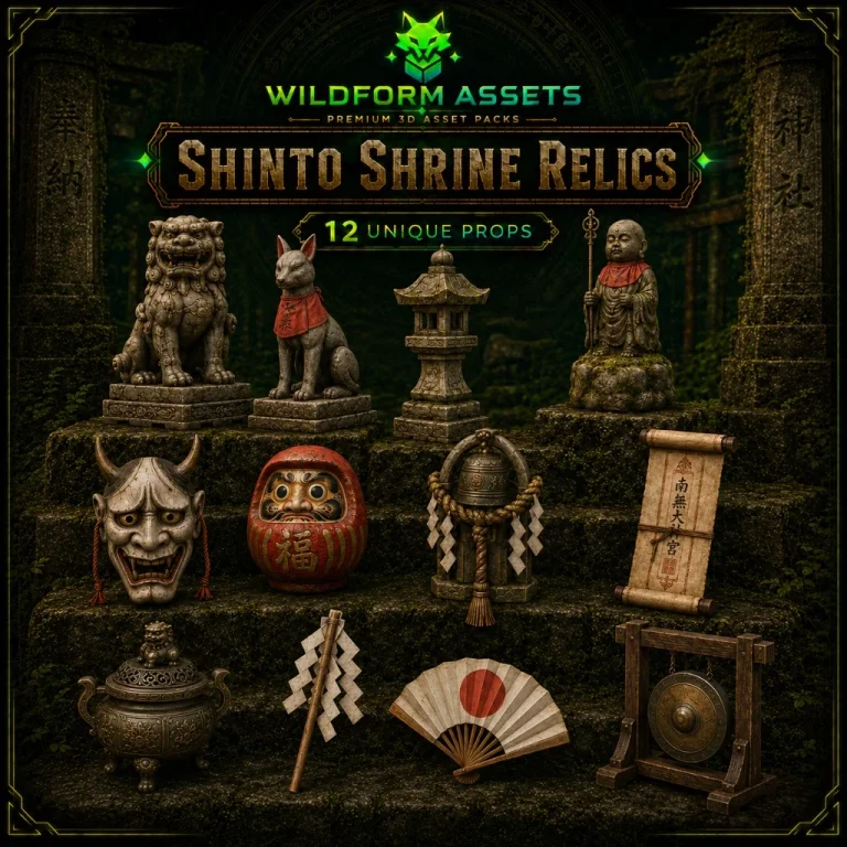 Shinto Shrine Relics collection: torii gate, komainu guardian, ema plaques, bell and offering vessels